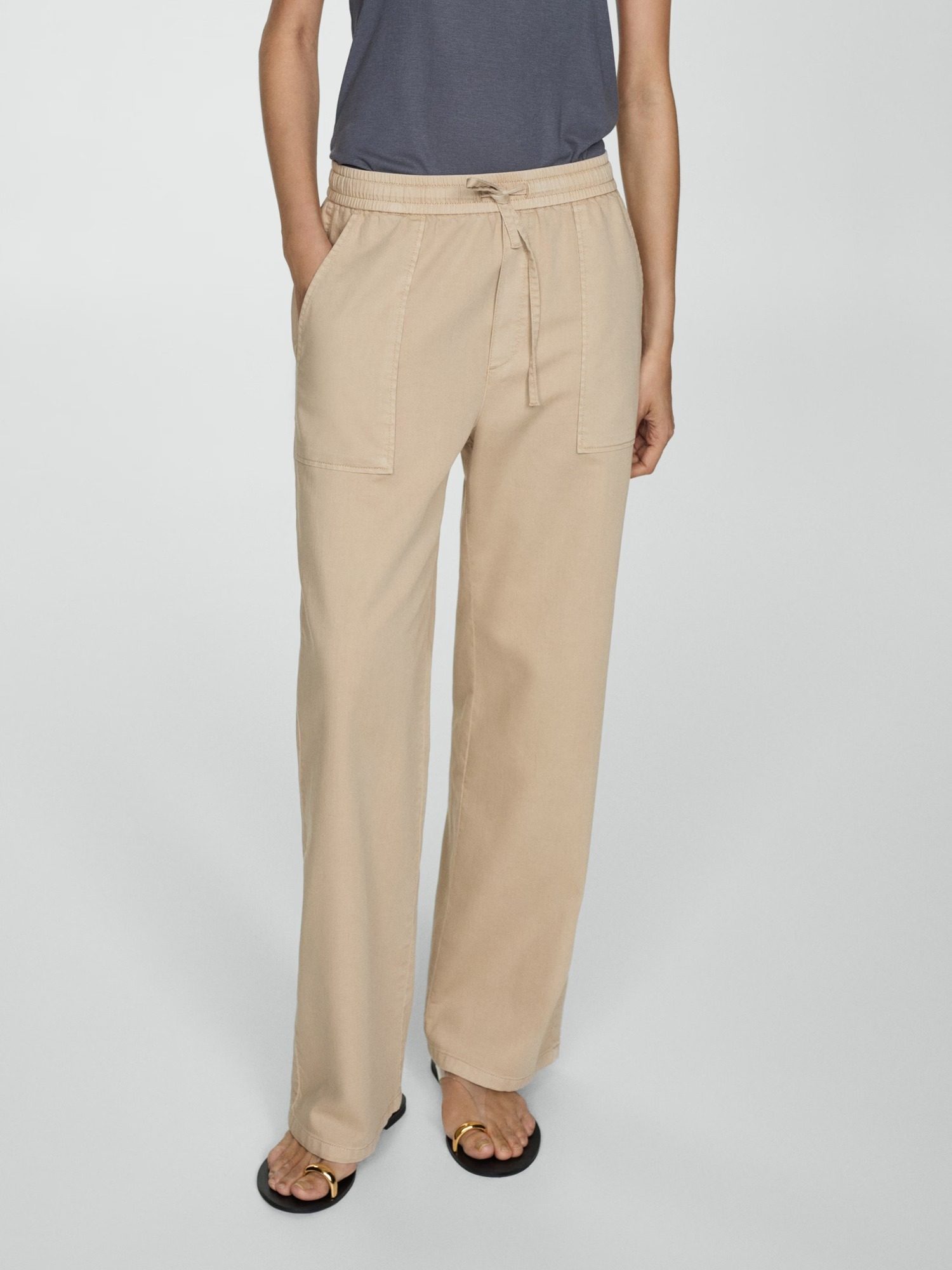 Pantalón algodón cintura elástica beige