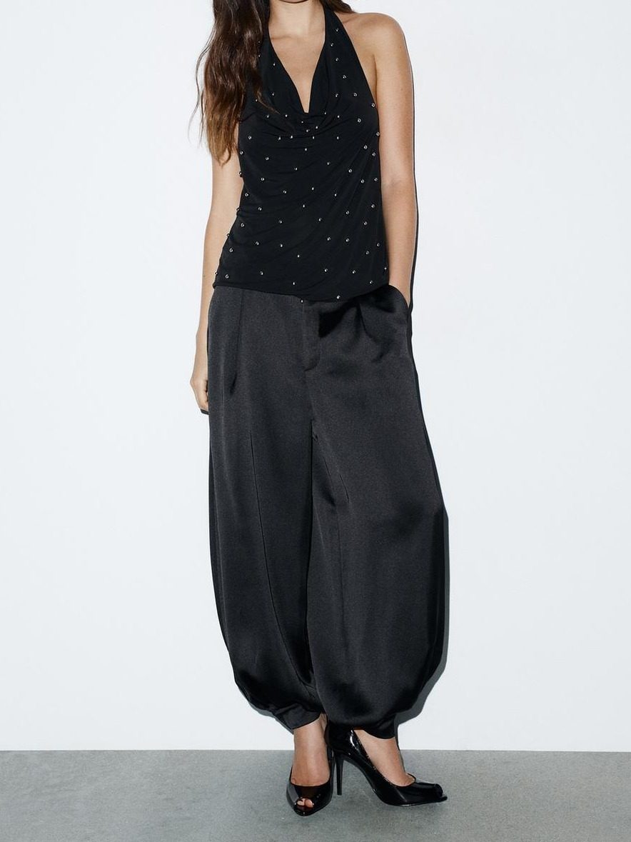 TOP HALTER ASIMÉTRICO BRILLOS NEGRO