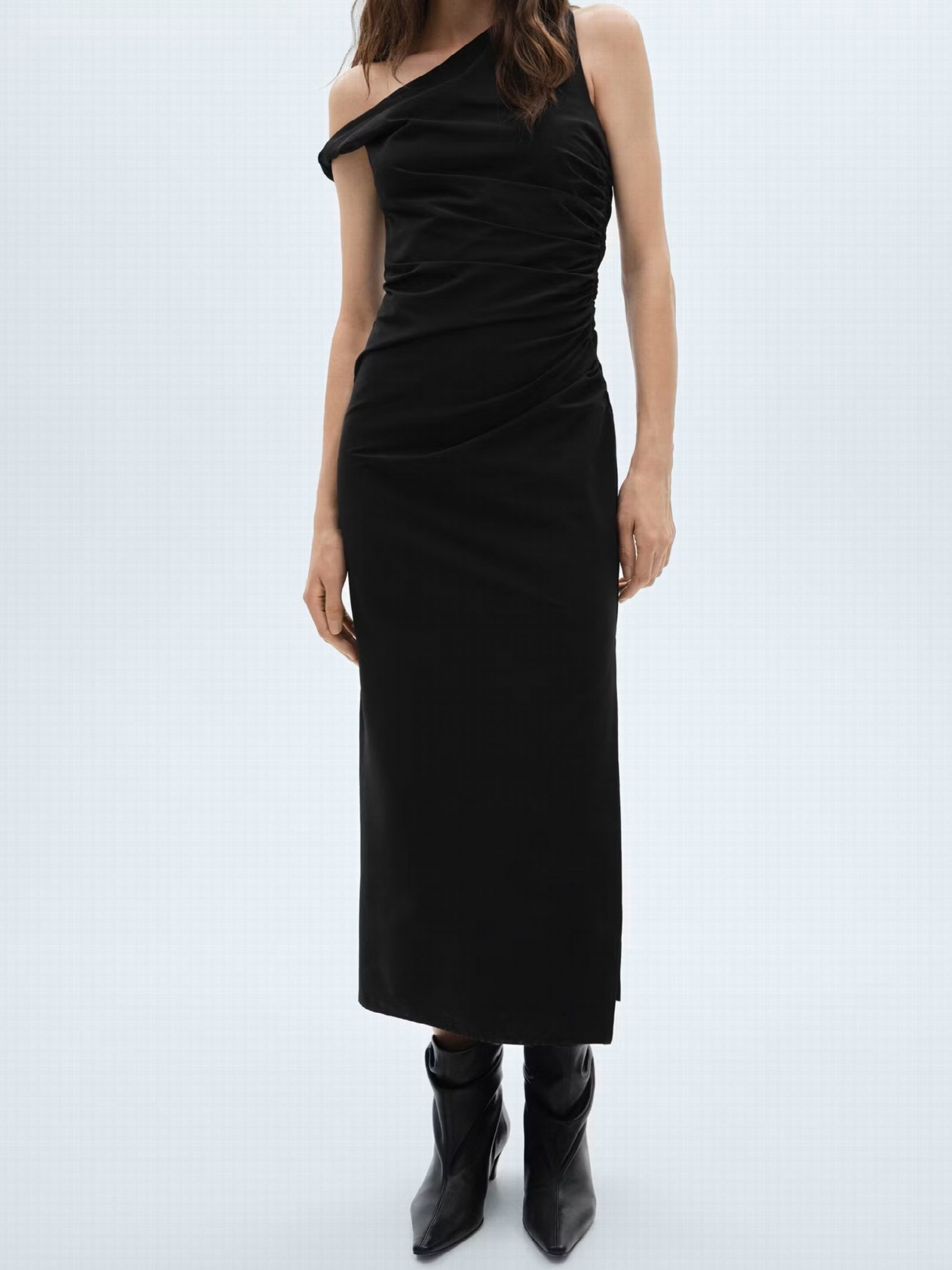 Vestido asimétrico detalles fruncidos LARGO NEGRO