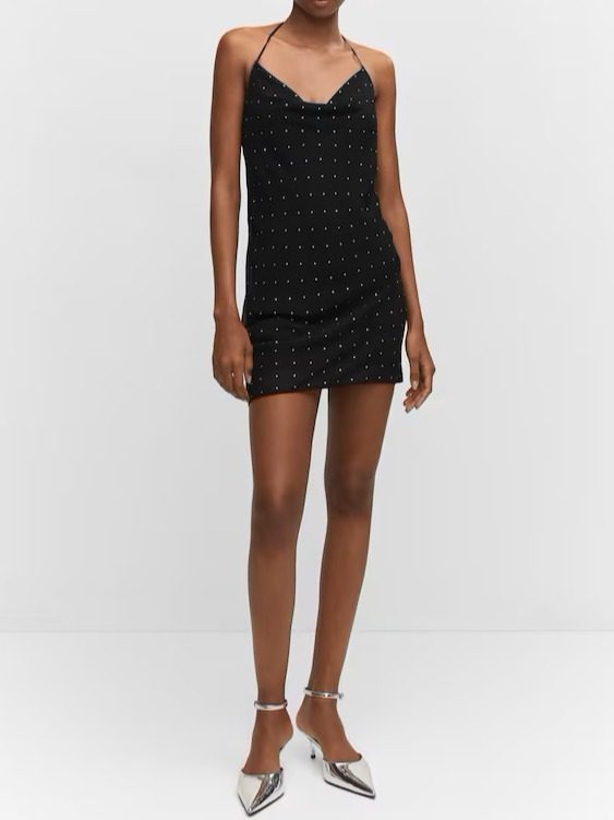 Vestido escote drapeado strass
