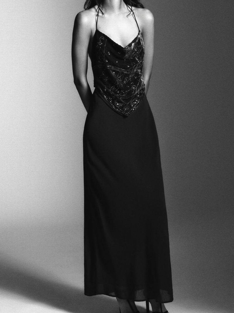VESTIDO LARGO PECHERA BORDADO LENTEJUELA