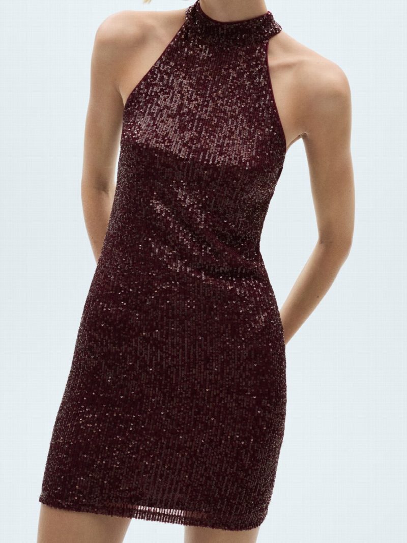 Vestido lentejuelas cuello halter BORDO